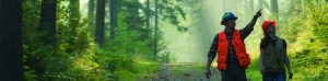 People pointing in the woods